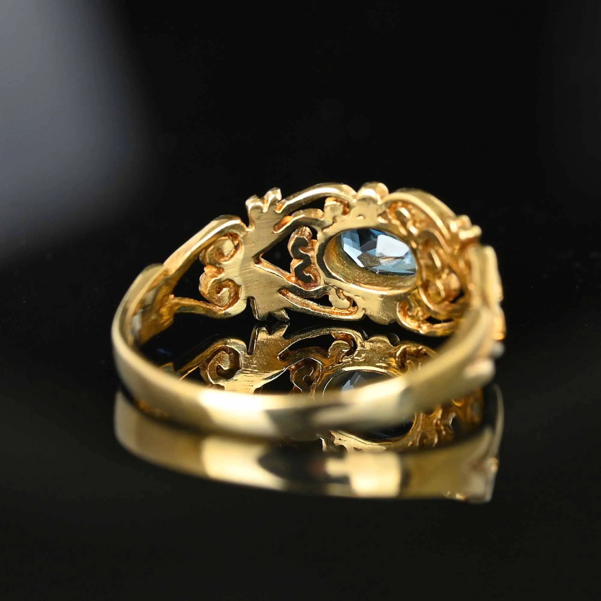 Vintage Wide Gold Filigree Blue Topaz Ring Band