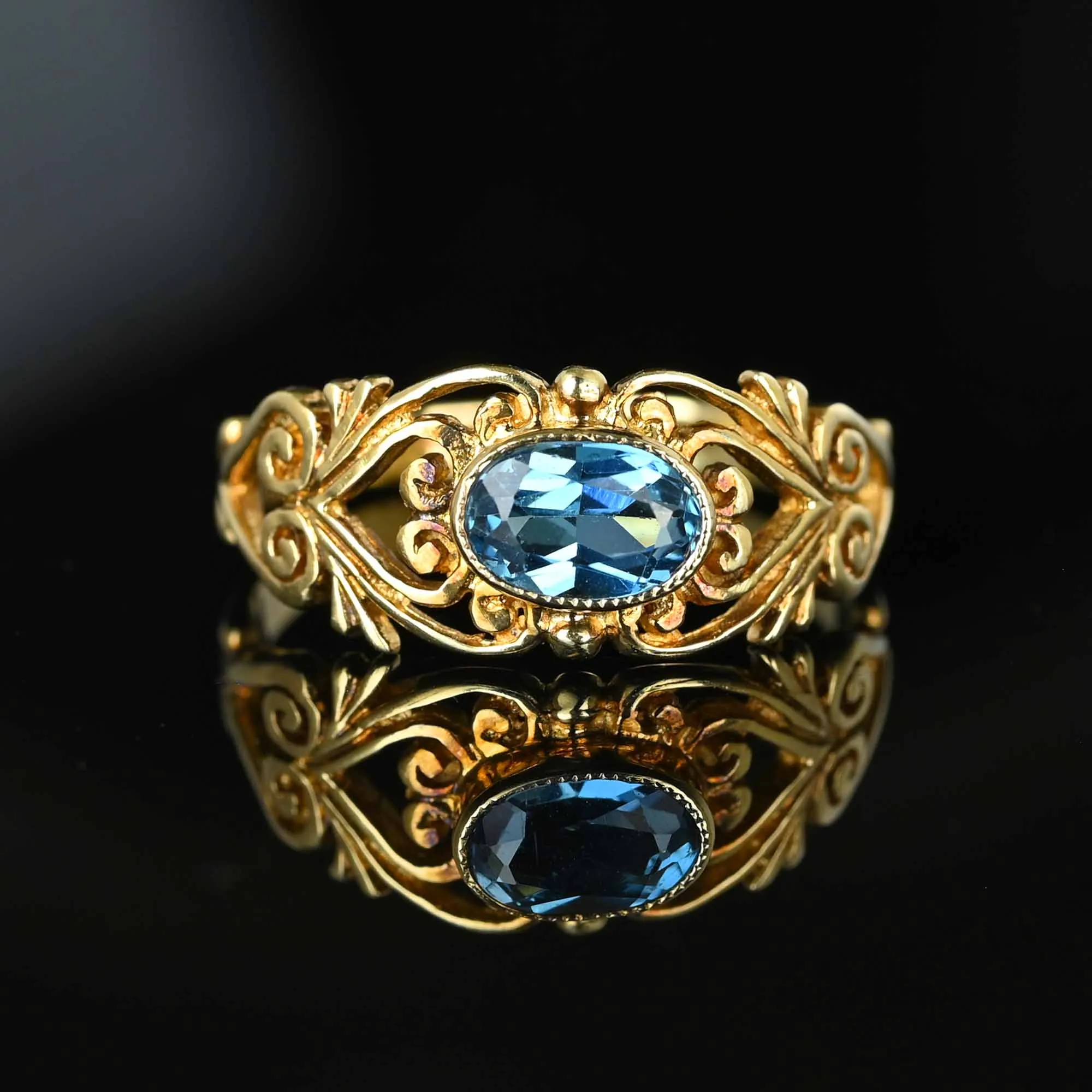 Vintage Wide Gold Filigree Blue Topaz Ring Band