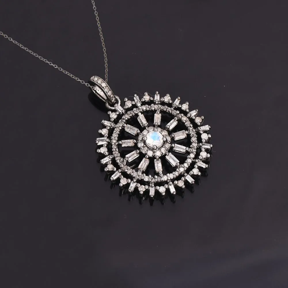 Wheel Pendant Studded With Diamond & Rainbow Moonstone