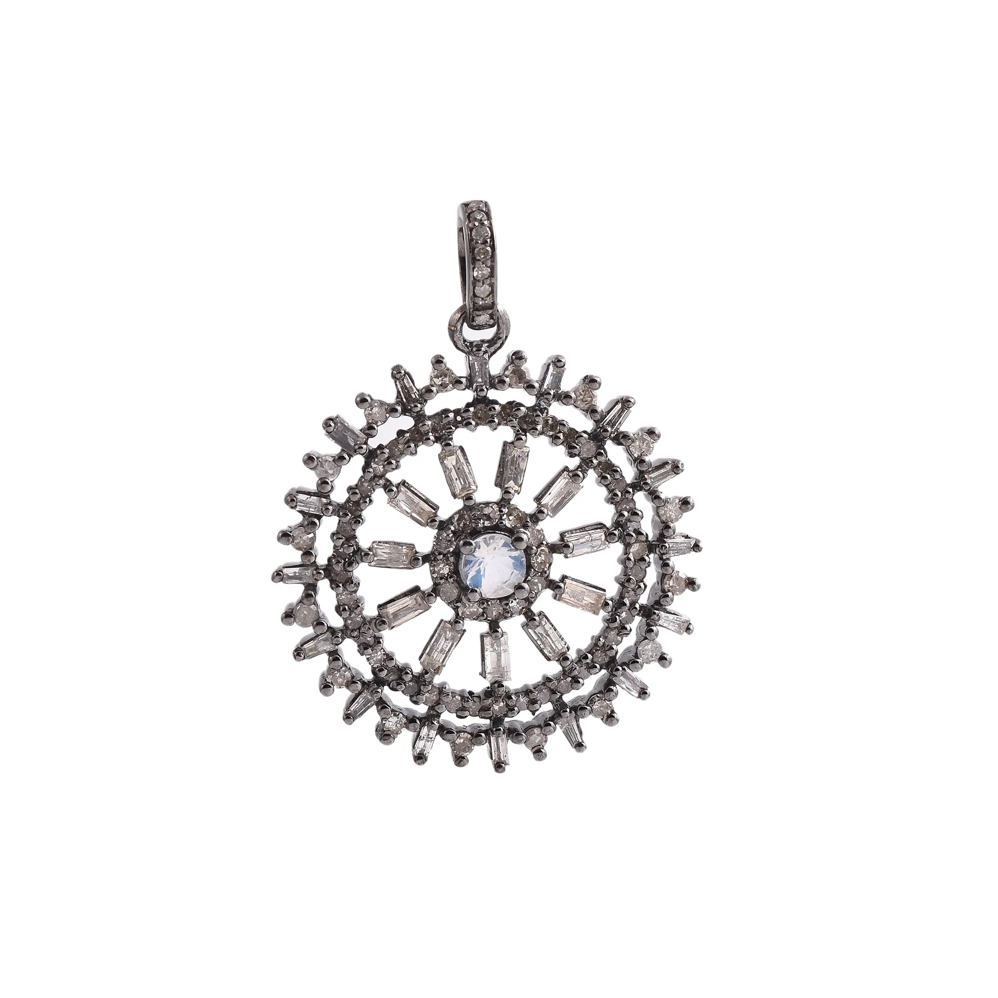 Wheel Pendant Studded With Diamond & Rainbow Moonstone