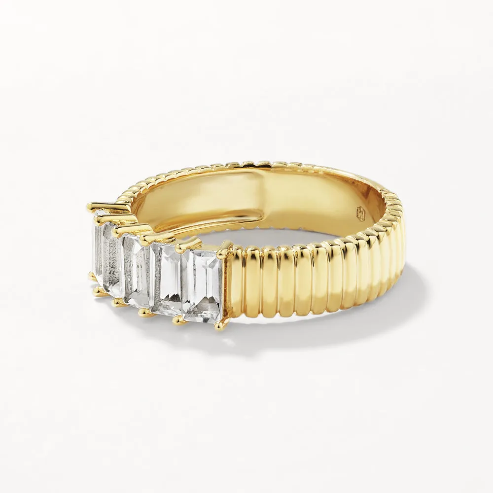 White Topaz Baguette Textured Ring in Gold