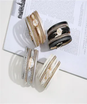 Women Leather Wrap Bracelet Multi Layer Wristband Braided Cuff Bangle Bracelets Pearl Magnetic Closure