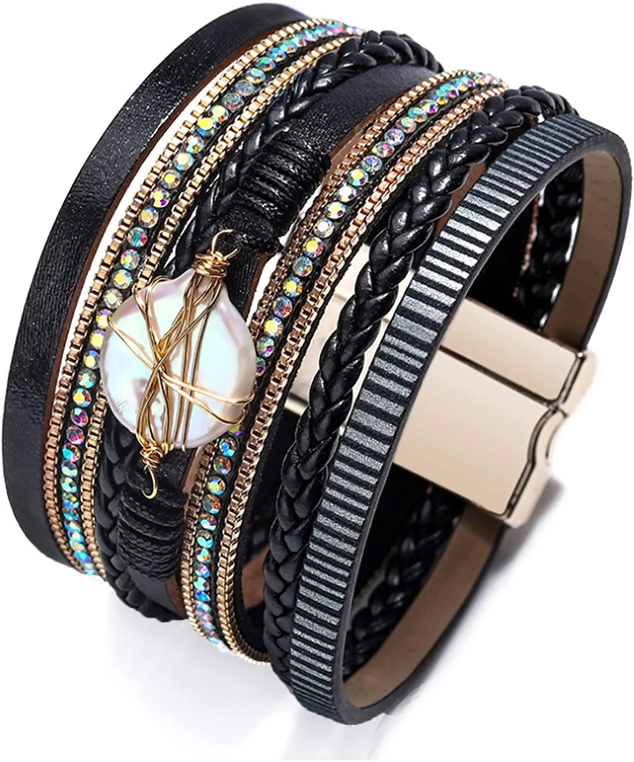 Women Leather Wrap Bracelet Multi Layer Wristband Braided Cuff Bangle Bracelets Pearl Magnetic Closure