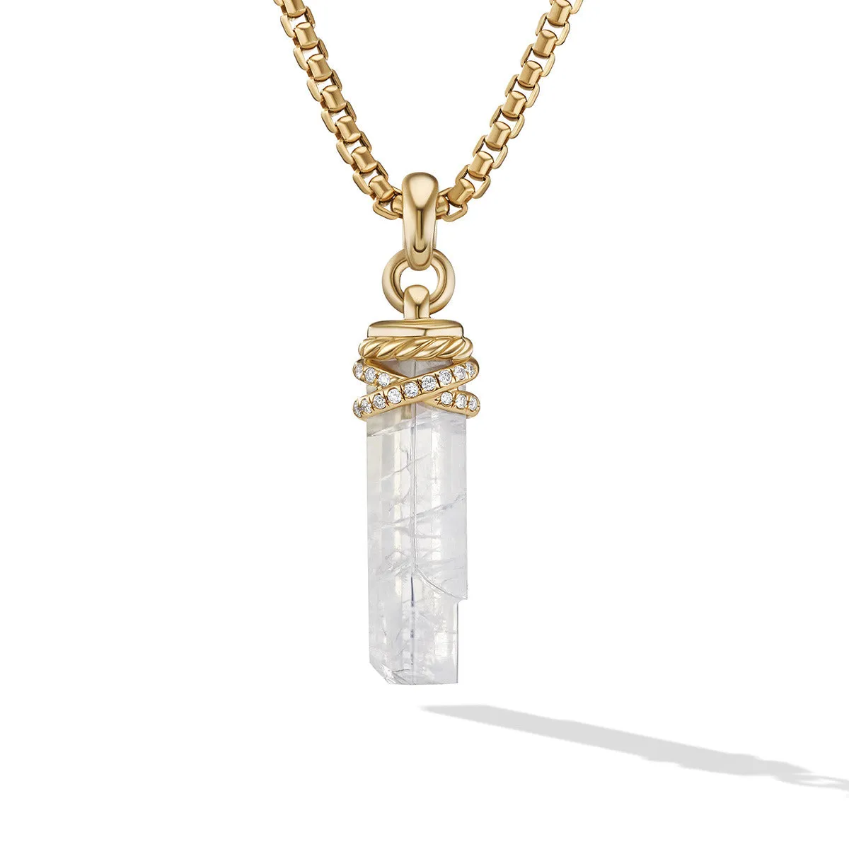 Wrapped Rainbow Moonstone Crystal Amulet with 18K Yellow Gold and Pave Diamonds